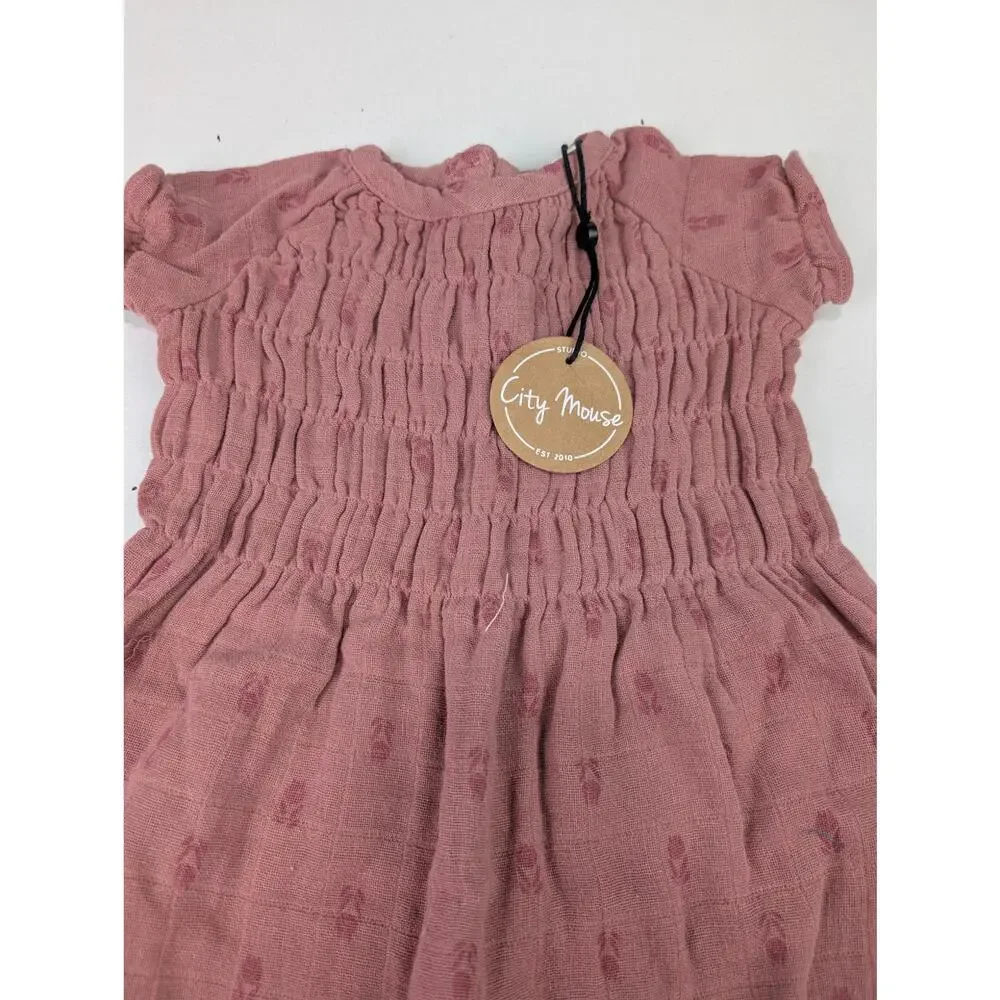 City Mouse 0-3 Months Mauve Smocked Tulip Romper